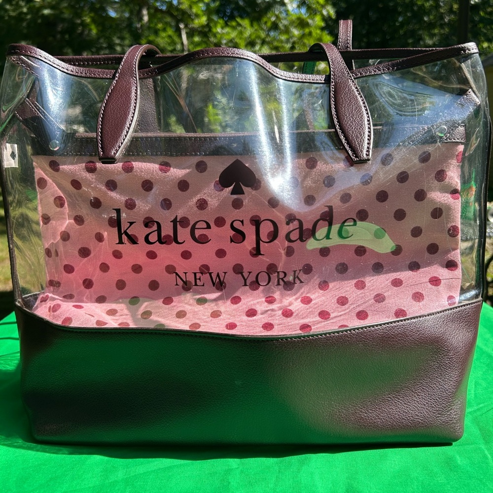 Kate Spade Ash Geo Bird / Pink Polka Dot Transparent PVC w Canvas Interior Tote
